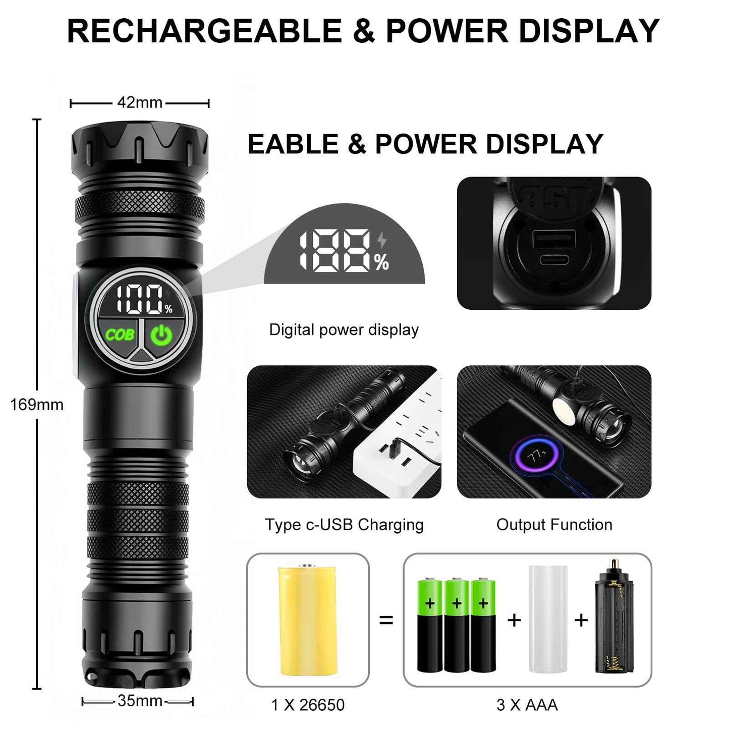 iodoo 3 in 1 Rechargeable Flashlight True 5000 Lumens Outdoor Strong Cob Light, 5000mAh Zoomable Beam LED Flash Light with Magnet Power Failure Emergency Survival Kits Snowstorm (Standard)