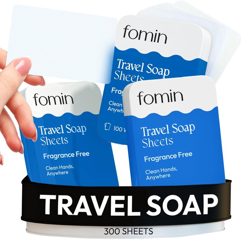 FOMIN - Antibacterial Paper Soap Sheets for Traveling - 300 Unscented Portable Hand Soap Sheets for Travel in Tin - Dissolvable Mini Portable Travel Soap Sheet for Hand Washing, Camping and Hiking