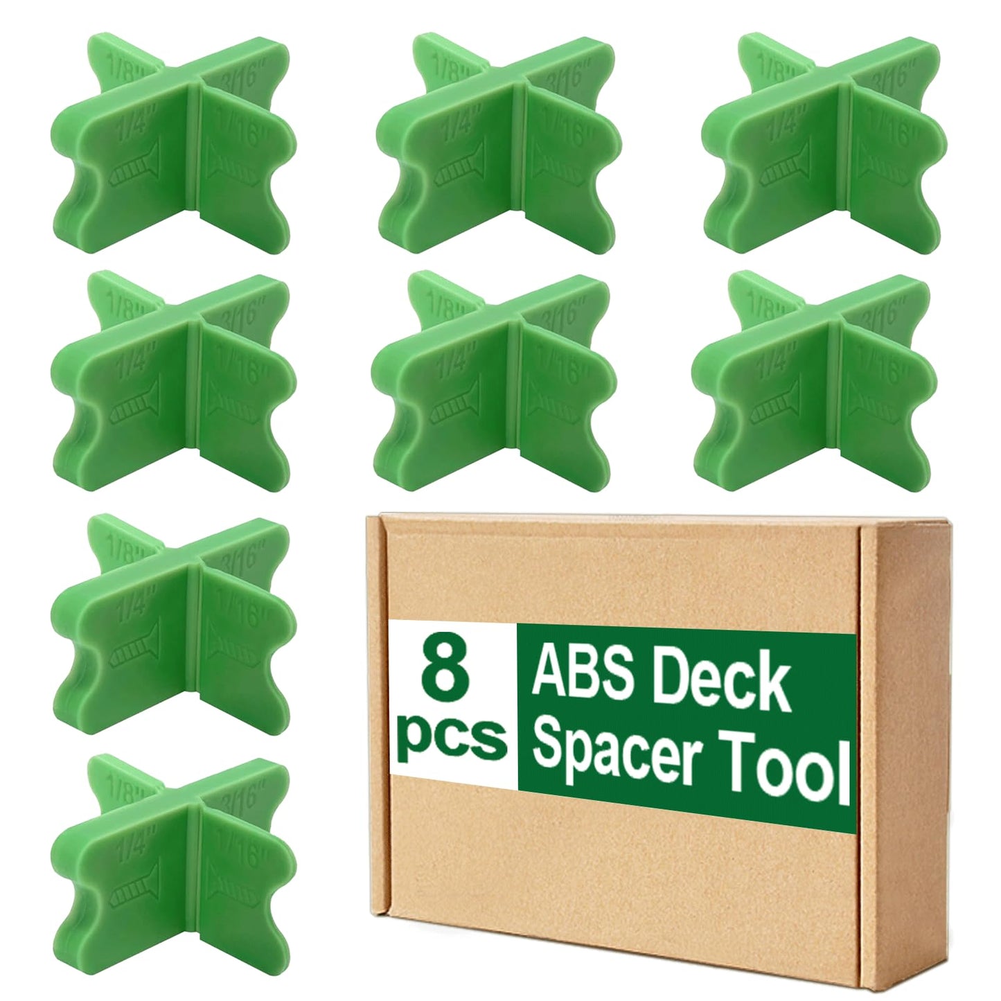 8 Pcs Deck Spacers Tool Set, 4 Thickness Options (1/16", 1/8", 3/16", 1/4") Deck Board Spacers for Composite Decking, Pressure Treated Lumber, PVC & Hardwood Boards (Green)