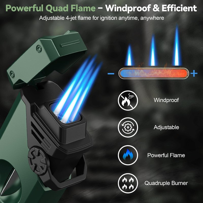 5-in-1 Torch Lighter, 4 Jet Windproof Flame with Built-in Cutter, Holder, Punch, Draw Enhancer Tool, Refillable Butane Torch Lighters, Multi-Functional Accessories, Gifts for Men, Lighters for Candle