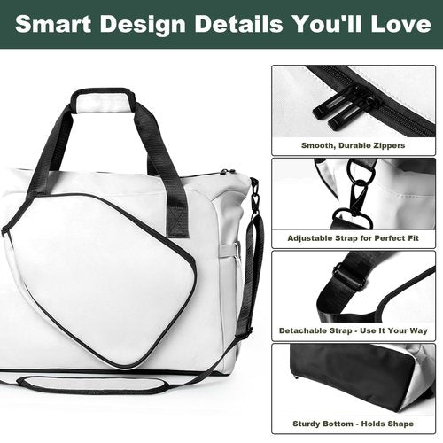 Pickleball Tote Bag with Shoe Compartment and Paddle Storage – Large Capacity Lightweight Pickleball Bag for Women & Men with Water Bottle Holder (White)