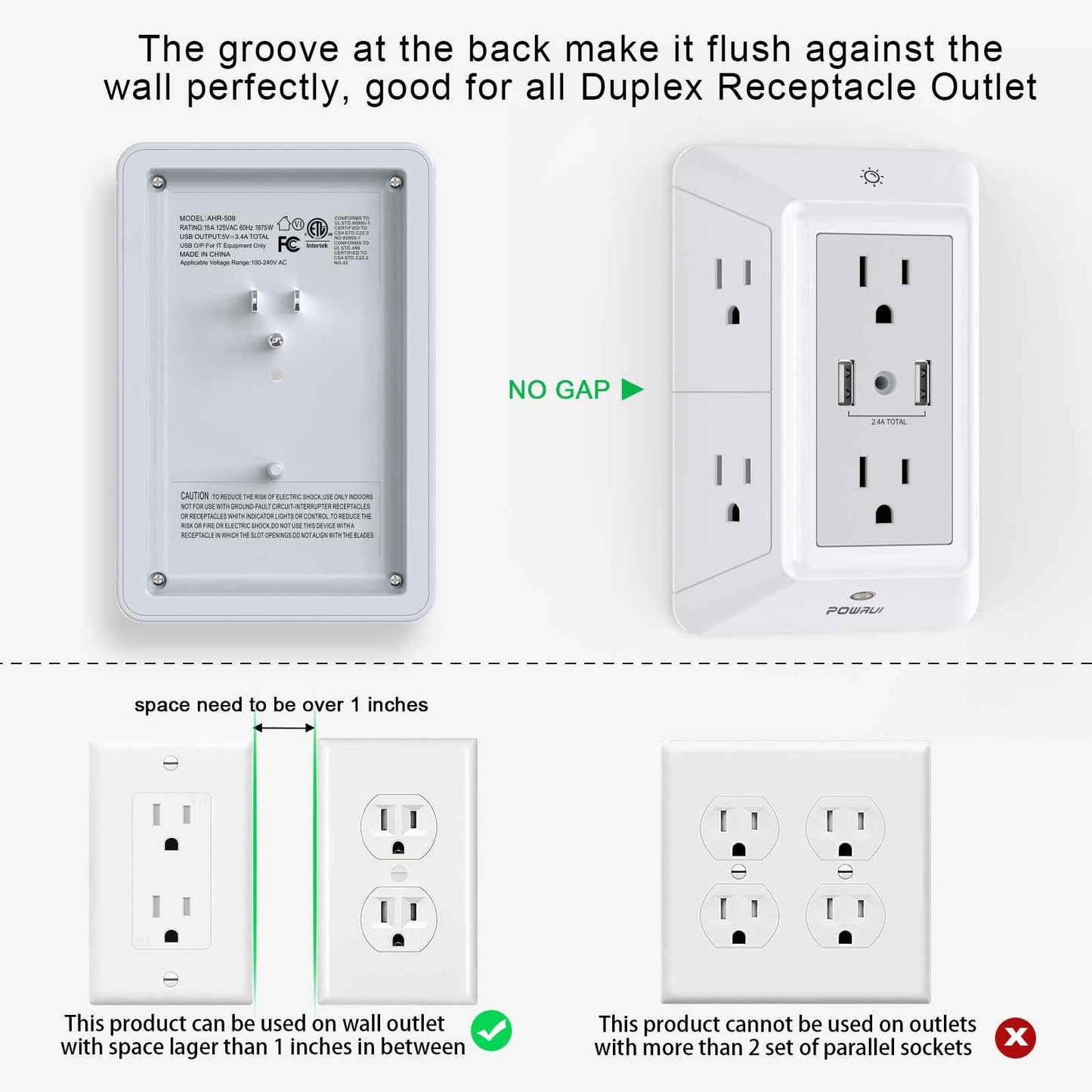 USB Wall Charger, Surge Protector, POWRUI 6-Outlet Extender with 2 USB Charging Ports (2.4A Total) and Night Light, 3-Sided Power Strip with Adapter Spaced Outlets - White，ETL Listed, Grey