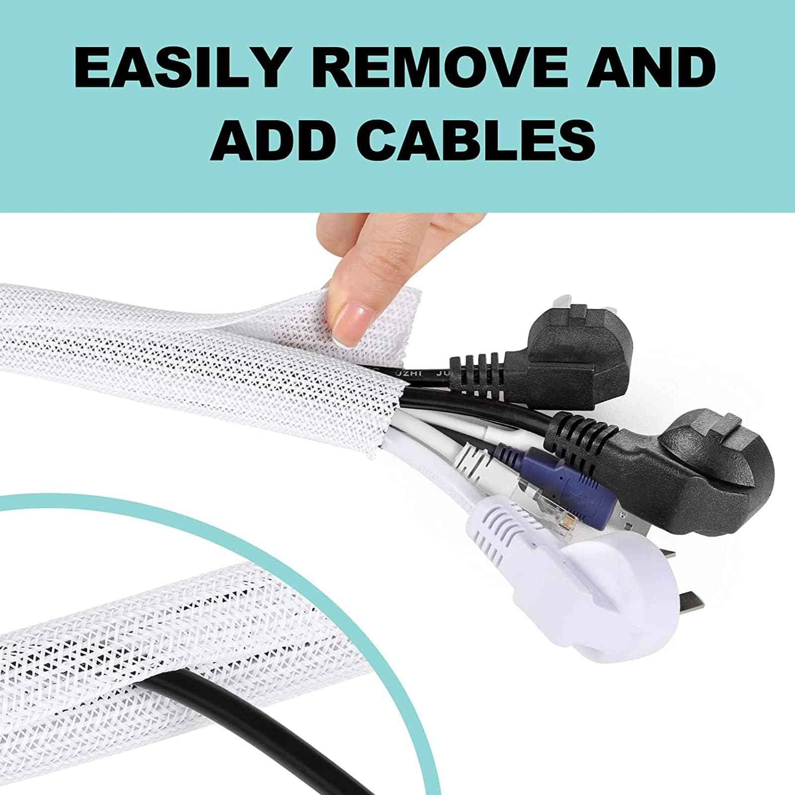 AGPTEK Cable Sleeve Cover, 2Pack 5ft - 1.8 inch Desk Cord Organizer Cable Hider, Home Office Wire Management Computer TV Wire Loom Tubing, Pet Proof Cord Protector, from Cat Dog Chewing, White