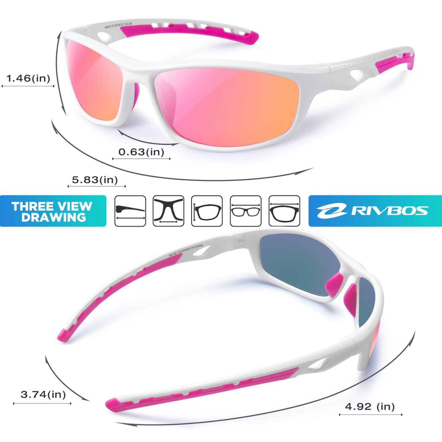 RIVBOS Womens Sunglasses Polarized TR90 Unbreakable Frame Sports Driving Fishing Cycling RB833-White&Pink