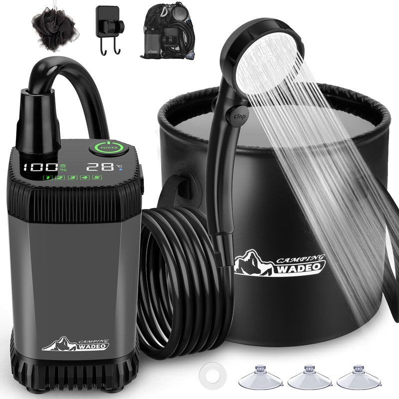 2026 Upgraded Portable Shower for Camping, Rechargeable Camping Shower with LED Display, 5 Gal Collapsible Bucket, 5 Adjustable Speeds, IPX8 Waterproof Portable Shower Kit for Hiking, Car, Pet, Travel
