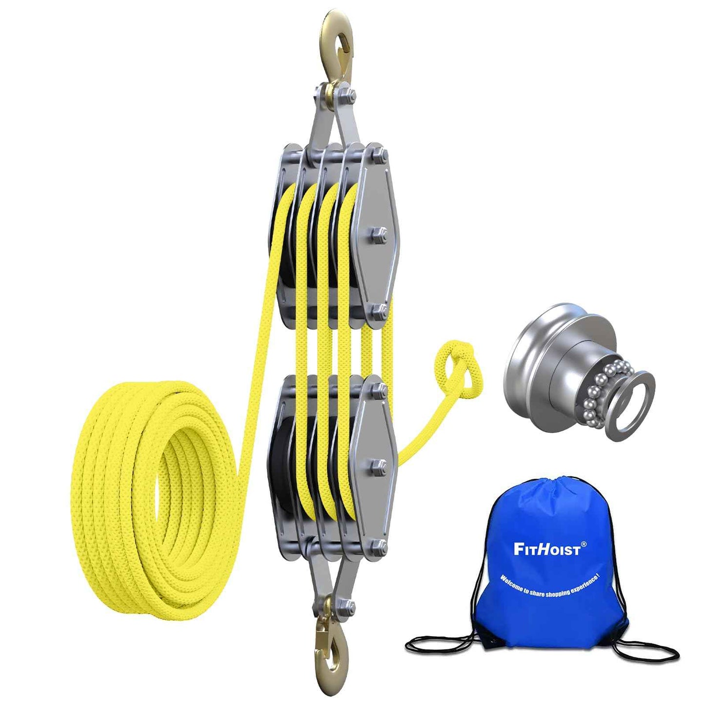 Block and Tackle 4400 LB Breaking Strength Heavy Duty Pulley, 65 Ft Rope Pulley, Upgraded Metal Bearing, 7:1 Lifting Power Pulley System, Pulley Hoist for Lifting Heavy Objects(Yellow)