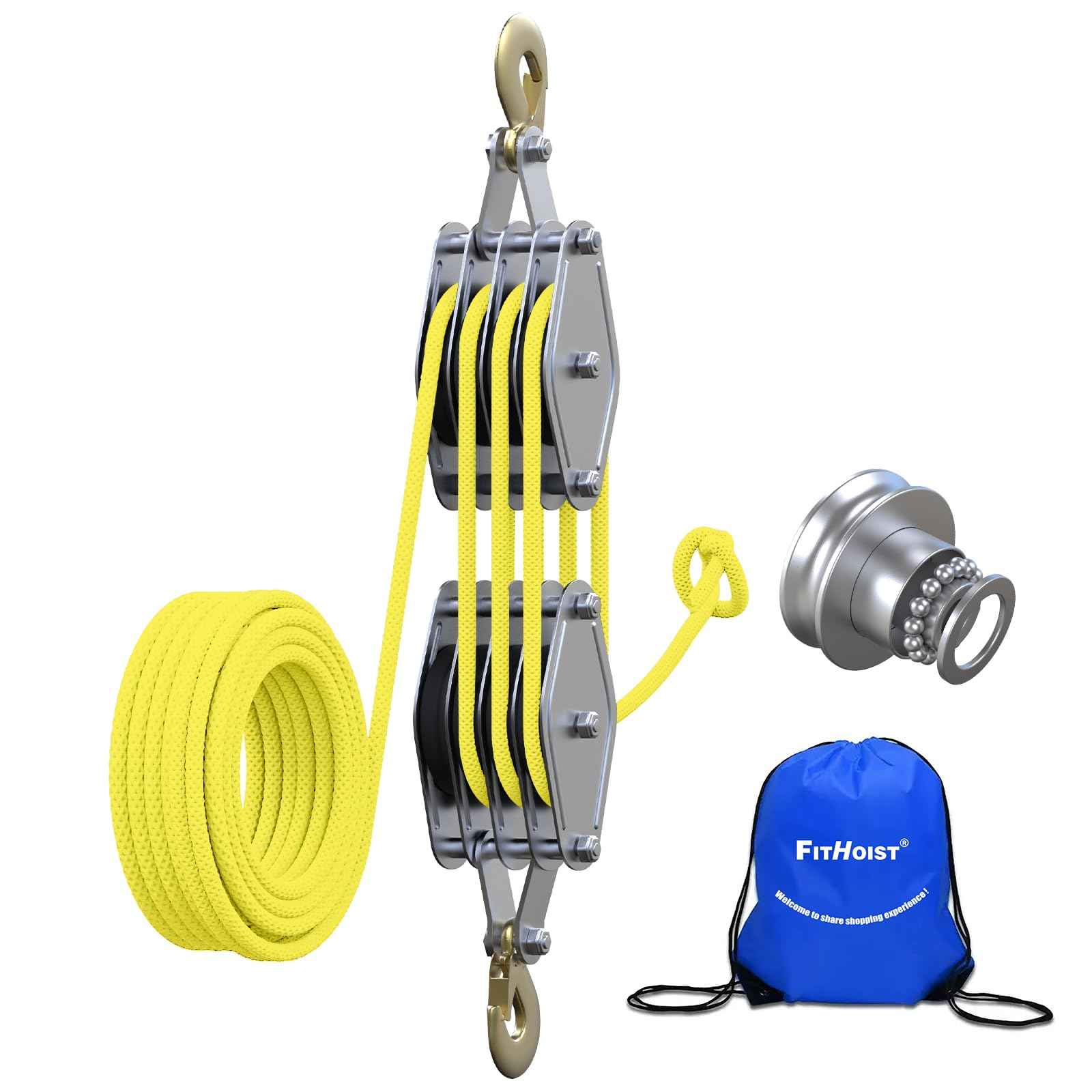 Block and Tackle 4400 LB Breaking Strength Heavy Duty Pulley, 65 Ft Rope Pulley, Upgraded Metal Bearing, 7:1 Lifting Power Pulley System, Pulley Hoist for Lifting Heavy Objects(Yellow)