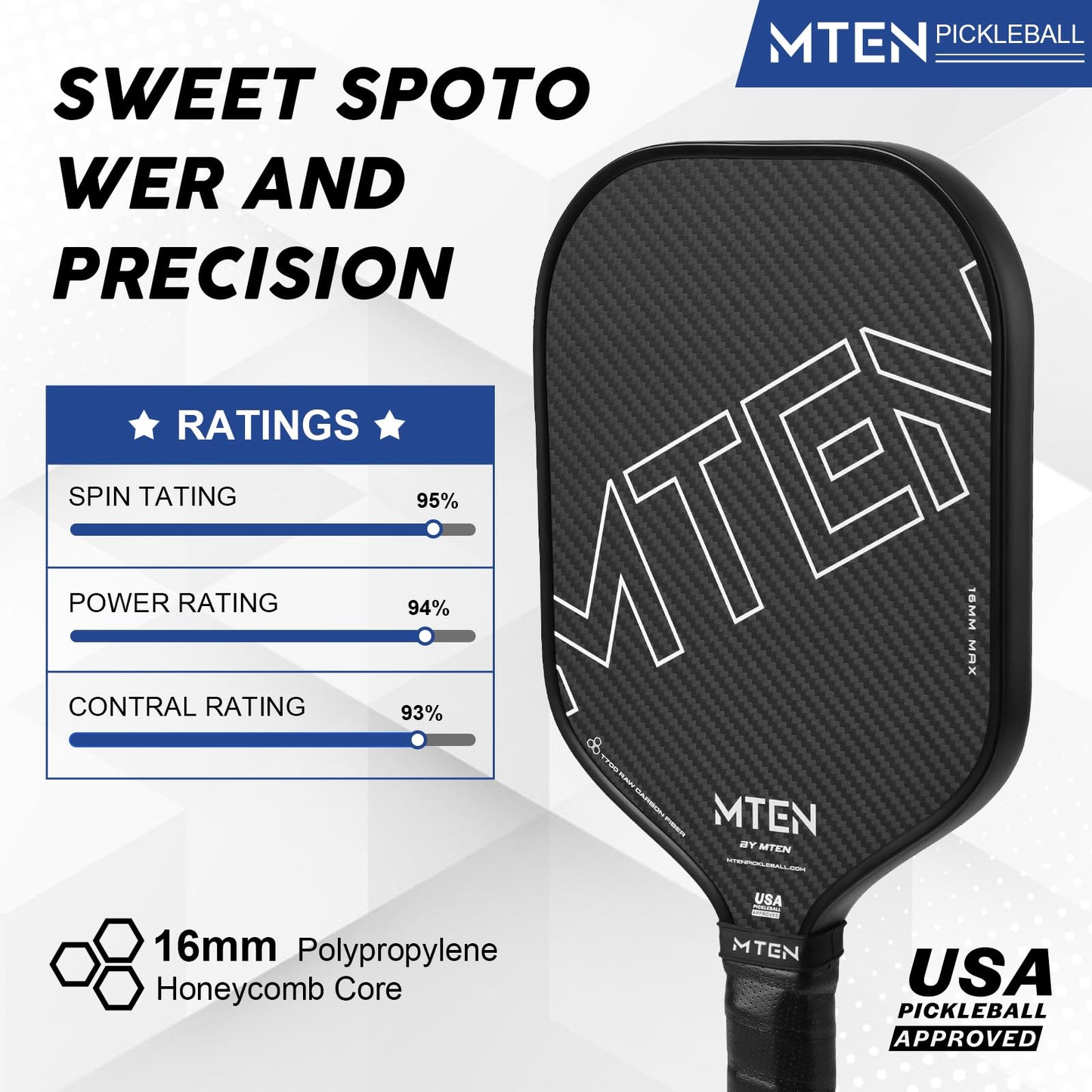 Pickleball Paddles, USAPA Approved Carbon Fiber Pickleball Paddle,16MM Polypropylene Honeycomb Core, Increased Power and Spin, Novice & Pro Players