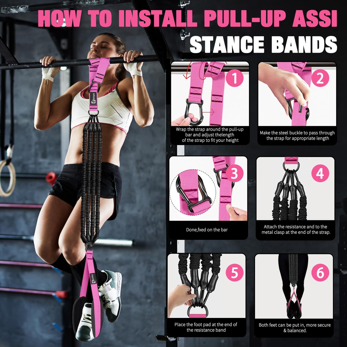 Pull Up Assistance Bands,Up to 300 lbs Assistance,Adjustable Heavy Duty 4 Pull Up Bands with Handle and Door Anchor for Home Gym Fitness Exercise Strength Training Workout Equipment Pink