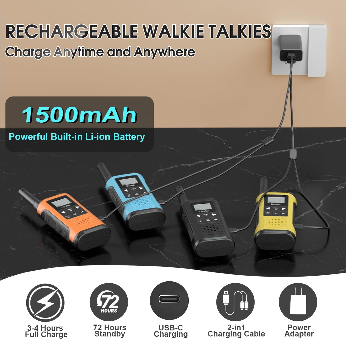 Derebir Walkie Talkies for Adults-4 Pack, Rechargeable Walkie Talkies Long Range 22 FRS Channel 2-Way Radios with NOAA Weather Alert,VOX,Flashlight and 1500mAh Li-ion Battery for Family Hiking Camping