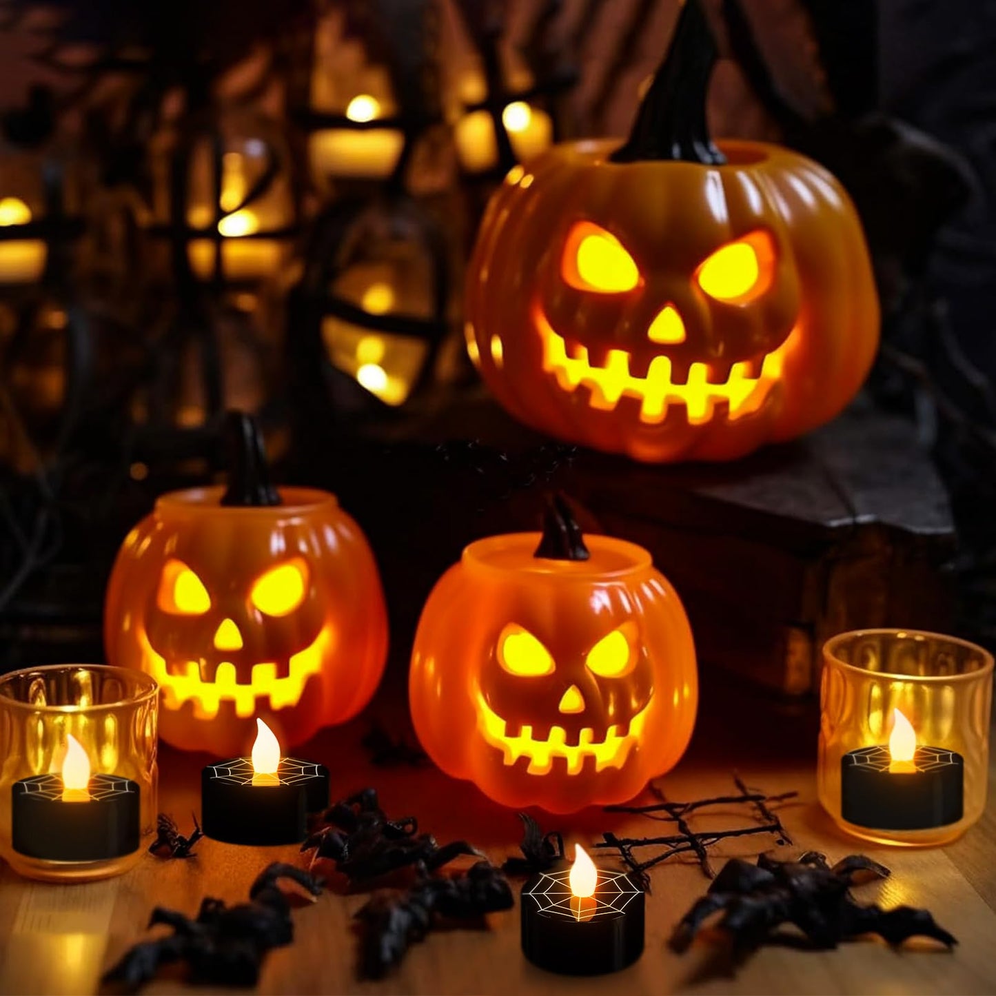 DRomance Halloween Flameless Votive Candles Battery Operated with 6H Timer, 12 Pack Black Spider Cobweb Decal LED Flickering Pumpkin Tea Lights Candles Fall Indoor Decoration(1.5" D x 1.4" H)