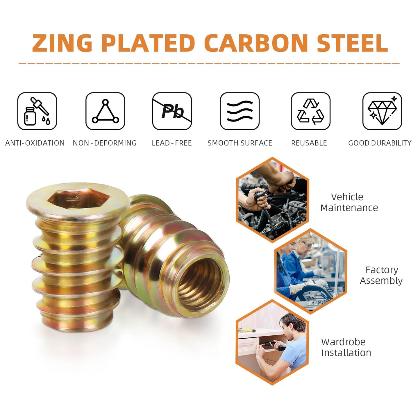 M8-1.25 x 15mm Threaded Insert for Wood Furniture Screw in Nut Threaded Wood Inserts Bolt Fastener Connector, Zinc Plated Carbon Steel, 50 PCS (with Hex Spanner)