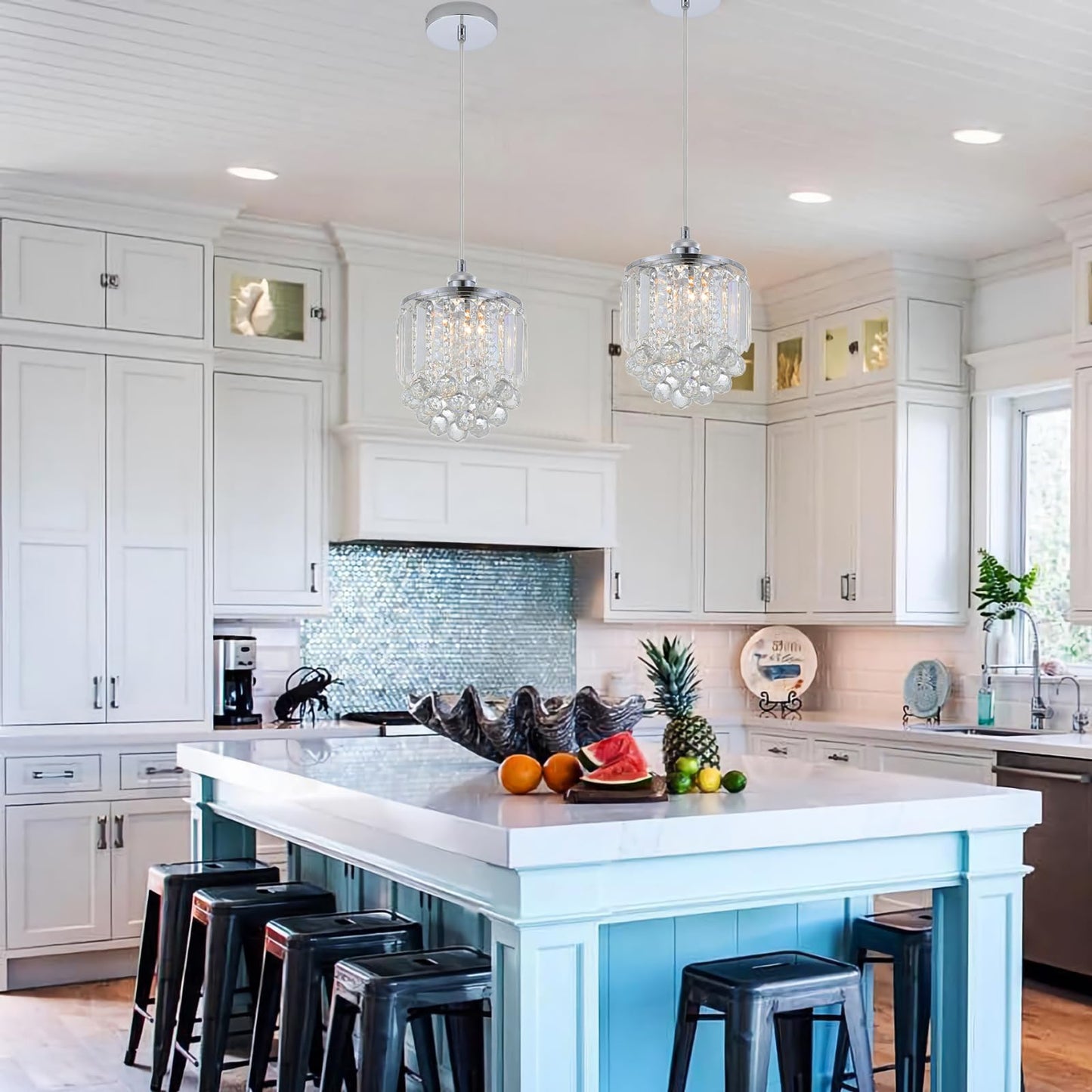 Sheenkarion 2 Pack Decorative Crystal Pendant Light,Chrome Crystal Chandelier Pendant Lights for Kitchen Island Dining Room Living Room Bar Lighting Fixtures,Cord Adjustable Hanging Pendant Lamp