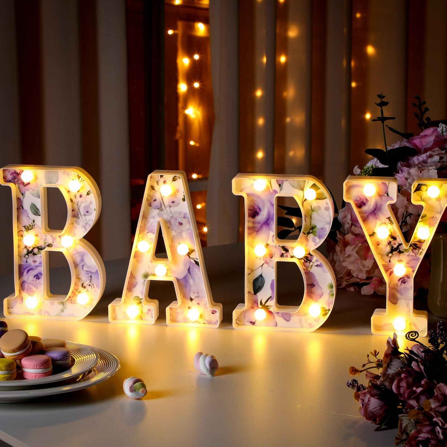 Realspring Woodland Greenery Centerpieces Baby Marquee Light up Sign Letters 8.26'' Baby Shower Letter Battery Operated Gender Reveal Birthday Party Decor for Home Table (Purple)