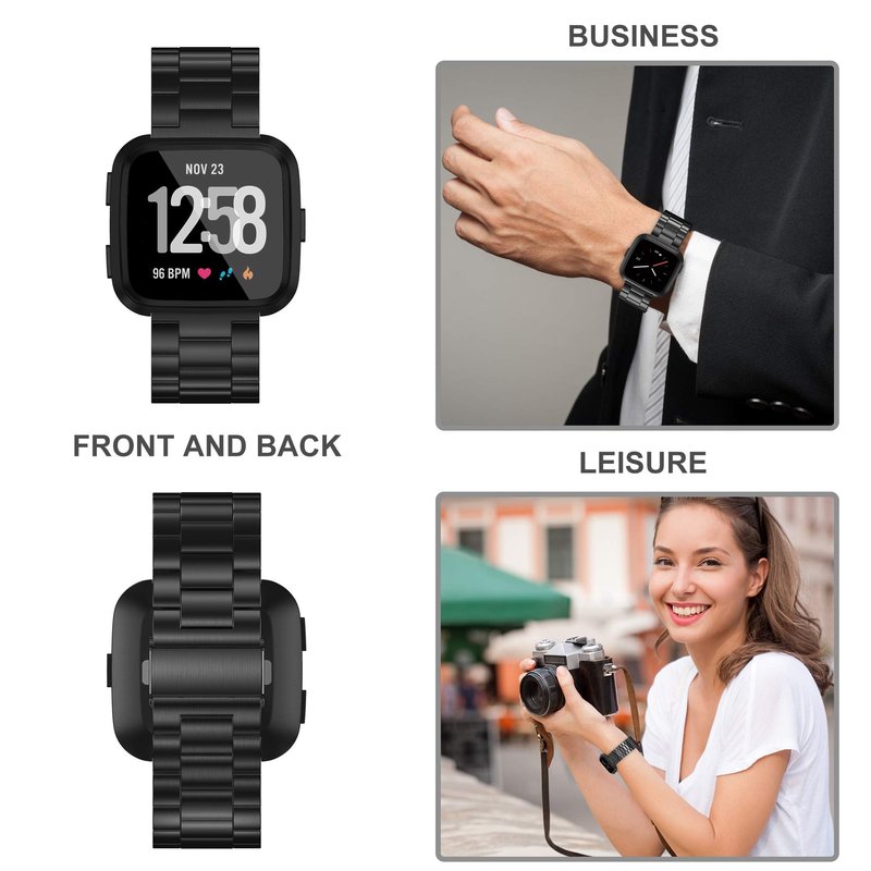 Wearlizer Stainless Steel Band Compatible for Fitbit Versa/Versa 2/Versa Lite Bands Women Men,Ultra-Thin Lightweight Replacement Band Strap Bracelet Compatible for Fitbit Versa Black
