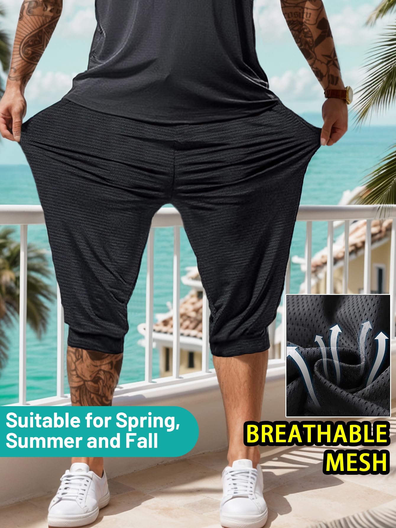 Hidkat Men's Capri Pants 3/4 Long Jogger Sport Shorts,Workout/Gym/Yoga/Beach Shorts Quick Dry with Zipper Pockets Black