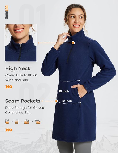Baleaf Women's Fleece Dress - Warm Polar Quarter Zip Pullover Tunic with Pocket for Winter Travel