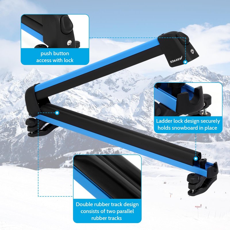 SOARIFY Multi-Purpose Alumium Blue Ski Rack with ski Strap Carrier, Roof Holder Carrier for Skis, Snowboards, Fishing Rods, Paddles, Skateboards, Wakeboard, Universal Mounting, Locking, Heavy Duty