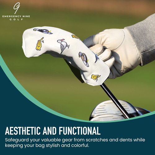 E9 Golf Fore The Birds Golf Head Cover - Synthetic Leather Golf Head Covers with Soft Fur Lining - Golf Club Covers with Unique V Shape Design Opening - Fairway, White