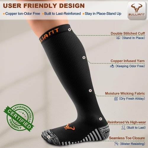 BULLIANT Men Compression Socks 3Pairs-Knee High Socks 15-20 Pressure Unise- Cushioned Sole Extra Wicking(3Pairs,Large-X-Large)