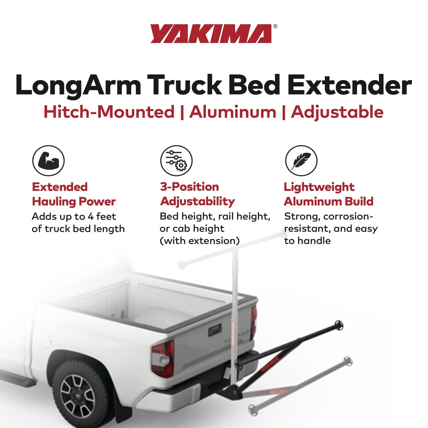 Yakima LongArm Aluminum Hitch Mounted Adjustable 3 Position Tailgate Truck Bed Extender Rack for Hauling Kayaks, Lumber, and Ladders, Black