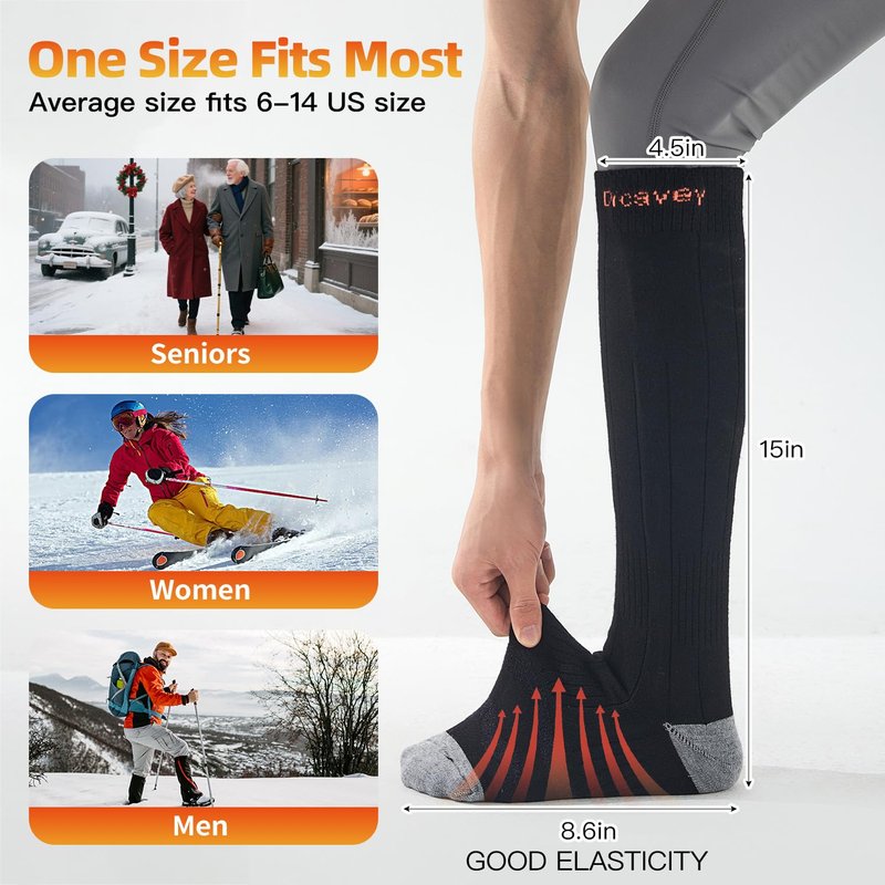 Heated Socks for Men & Women, Rechargeable Electric Thermal Socks with 5000mAh Curved Battery, 4 Heat Levels, Washable, Warm Winter Foot Warmers for Skiing, Hiking, Hunting, Outdoor Work (Black)