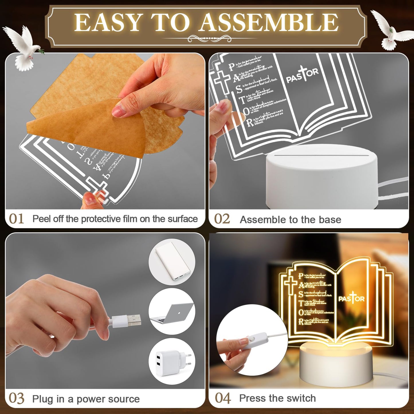 Kosiz 1 Pcs Pastor Appreciation Gift Engraved Thank Clergy Sayings Acrylic LED Night Light with Base Christian Inspirational Decor Clergy Appreciation Day Men Women Church Retirement (Stylish Pastor)