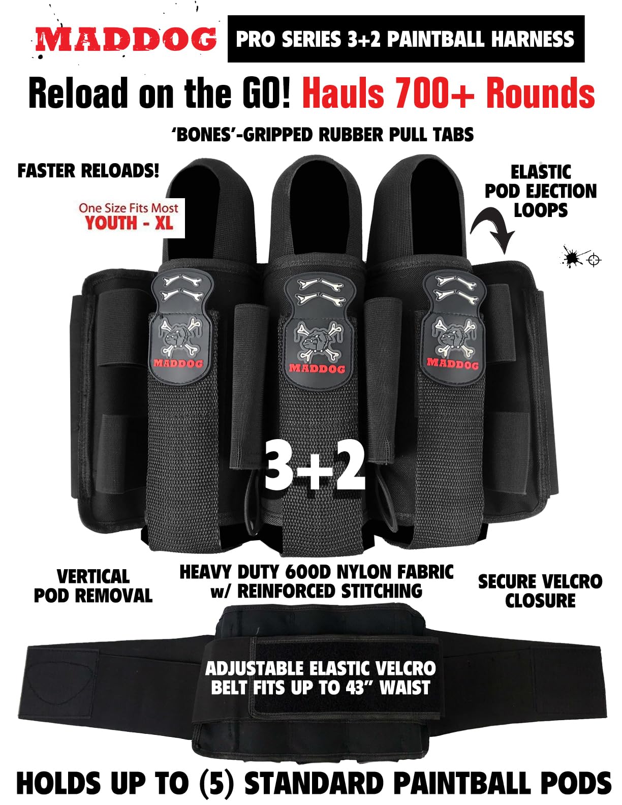 Maddog Pro 3+2 Paintball Harness Pod Pack with (3) 150 Round Bones Paintball Pods | Pod Ejection | Adjustable Pod Holder Belt for Tournament, Woodsball & Speedball