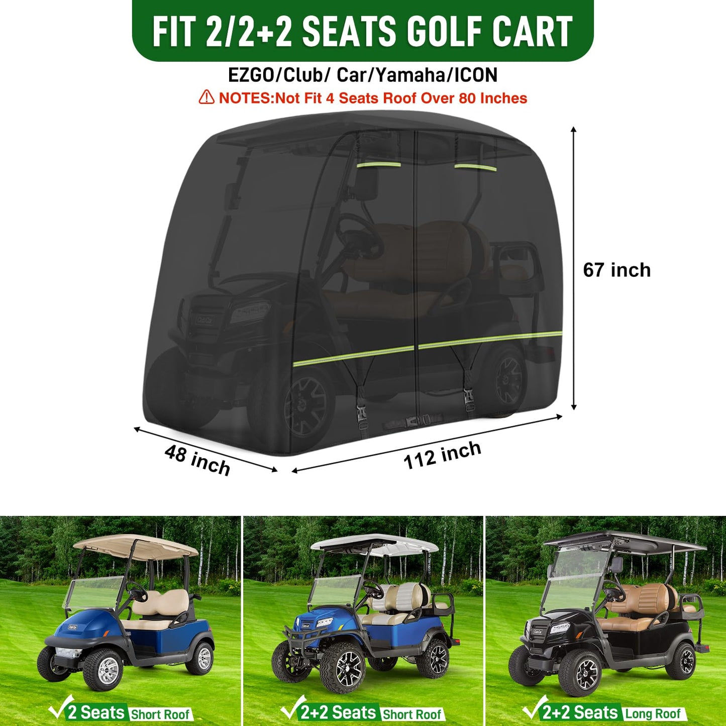 Cartalia 2 / 2+2 / 4 Passenger Upgraded Golf Cart Cover with Safe Reflective Strips Fits EZGO Club Car Yamaha, 420D Heavy Duty Cover All Weather Protection Waterproof Sunproof Dustproof Snowproof