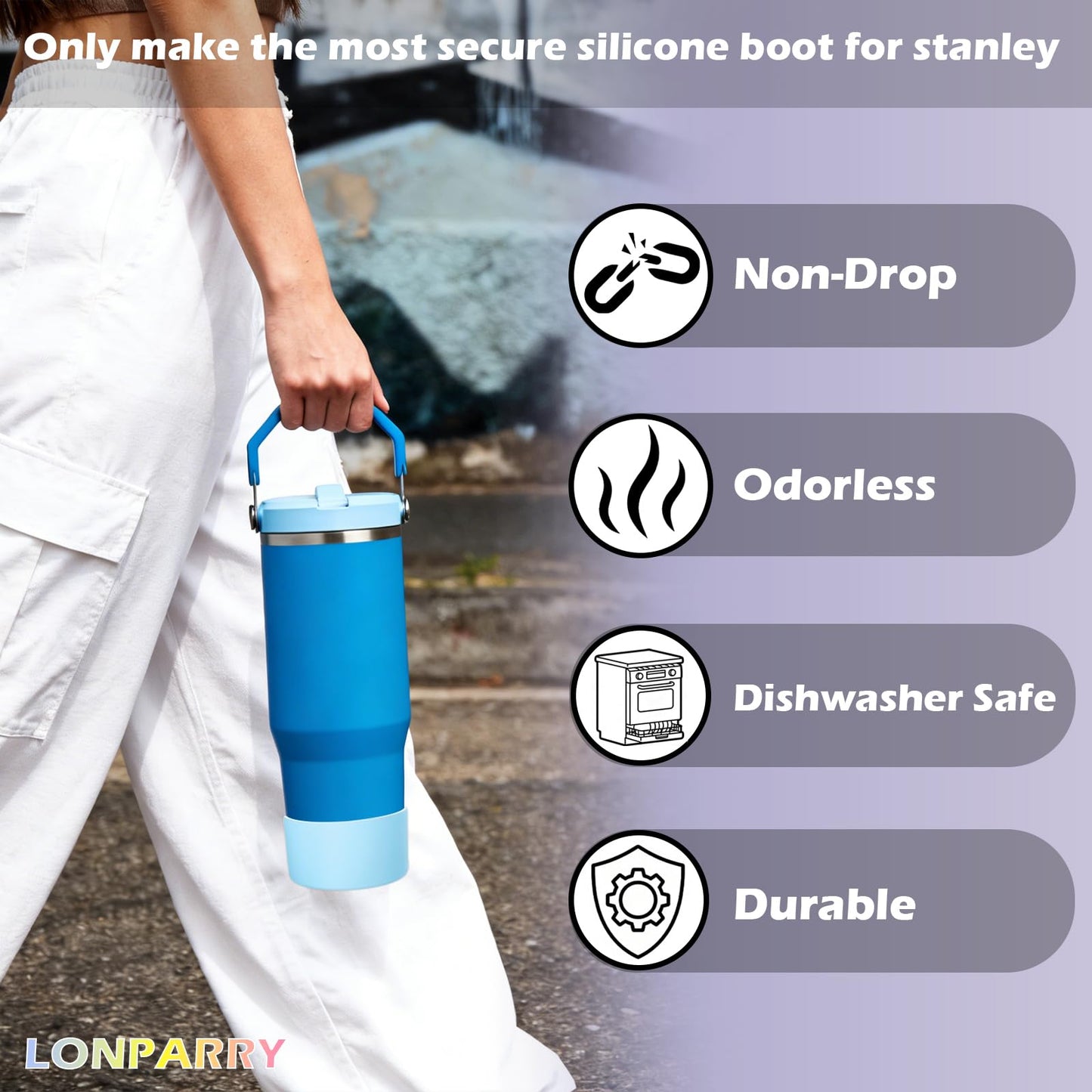 LONPARRY 2-Pack Silicone Boot for Stanley Cup 40oz 30oz, Non-Slip Bottom Protector Cover for Quencher H2.0 & IceFlow, Noise Reduction Sleeve, BPA-Free Cup Accessories for Home, Gym & Outdoor Sports