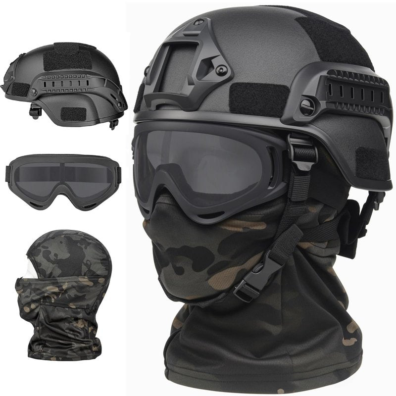 VPZENAR Tactical Helmet - Black MICH Helmet with Ear Protection, Airsoft Goggles and Balaclava Mask - Tactical Gear