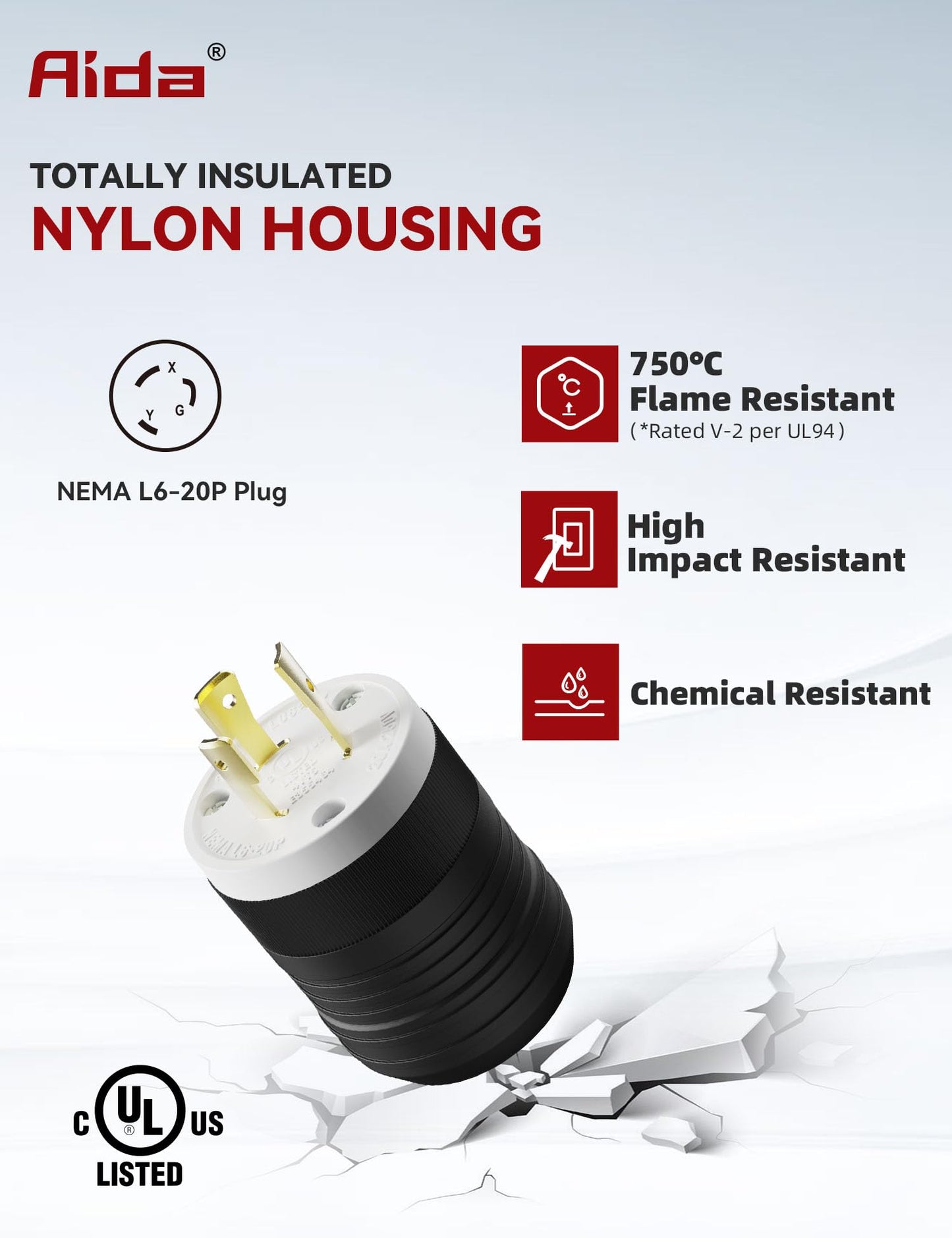 AIDA NEMA L6-20P Locking Plug, 20 Amp, 250 Volt, 2-Pole 3-Wire, Industrial-Strength Grounding Heavy Duty Twist Lock Adapter