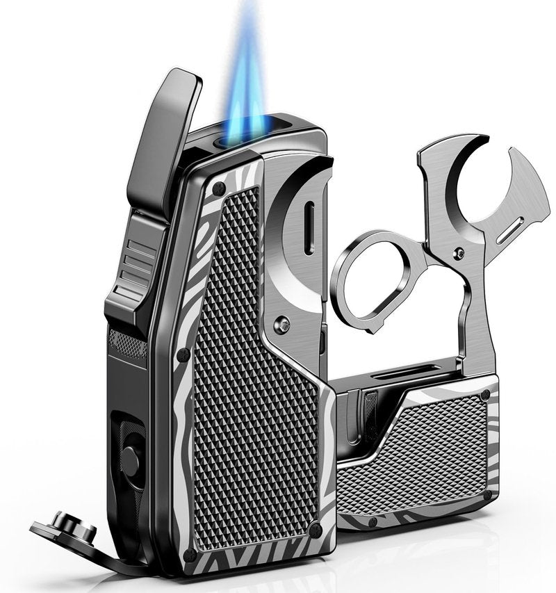 Torch Lighter with Straight Cutter and Holder, Dual Jet Windproof Butane Lighter, All in One Refillable Lighter with Built in Punch, Portable for Outdoor Travel, Gifts for Men