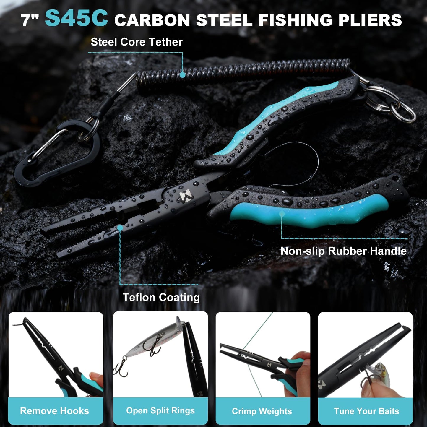 BasicGear Fishing Tool Set – 7” Pliers, 9.5” Fish Lip Gripper, 4.5” Scissors, 7” Fillet Knife, Retractable Clip & Steel-Core Tether, Rust-Resistant Multi-Tool Kit for Anglers