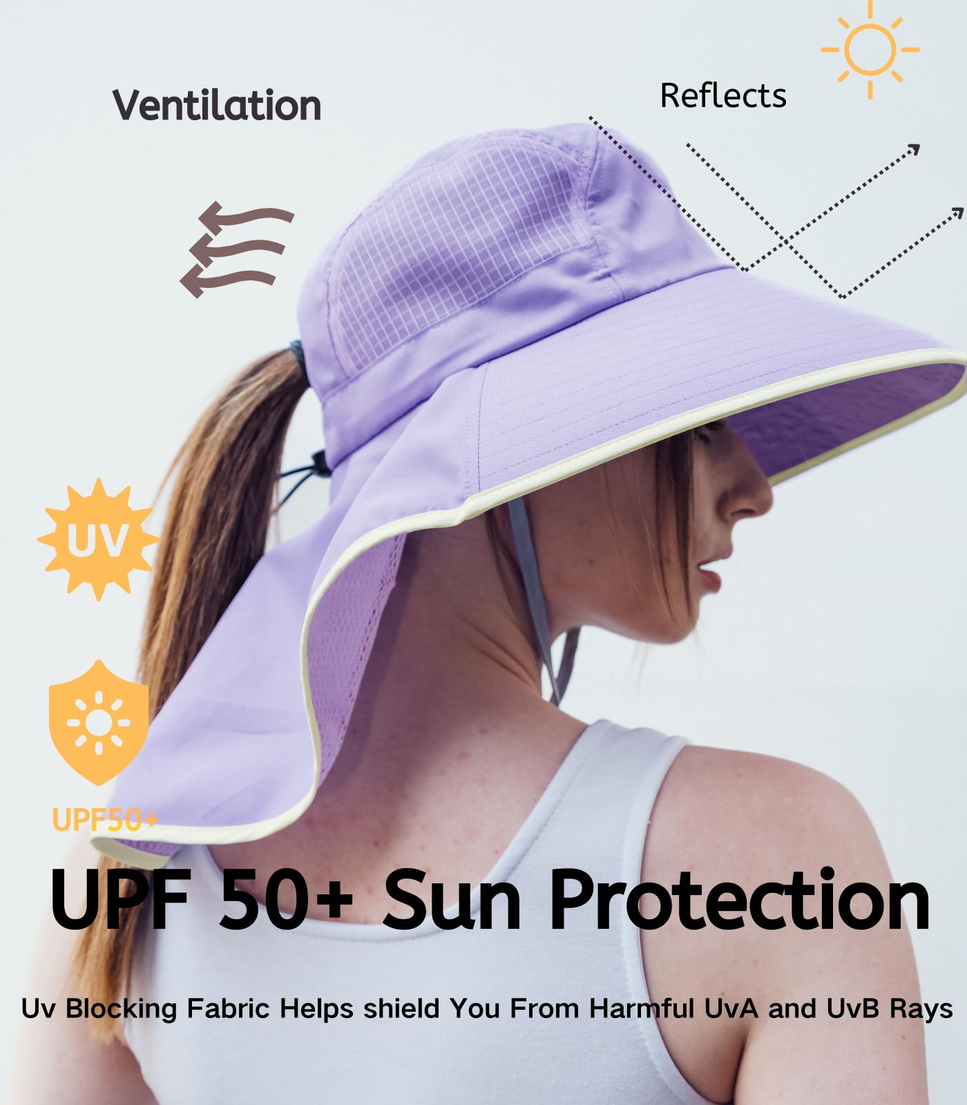 LMLALML Womens Sun Hats Hiking Fishinghat Wide Brim UPF 50+ UV Protection Gardening Hats with Large Neck Flap for Womens and Young Girls Light Purple