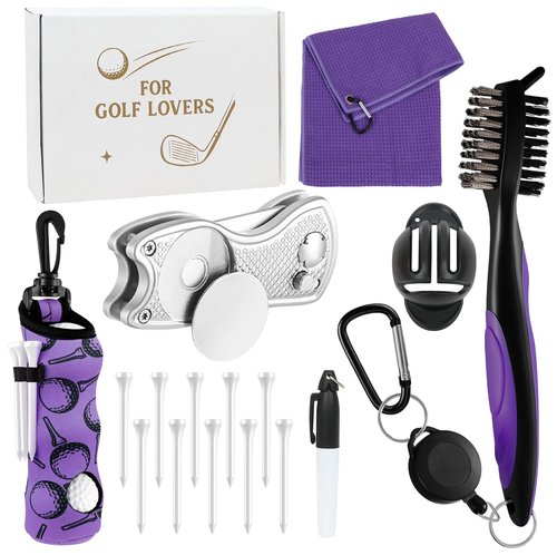 LACGO 17Pcs Golf Accessories Kit Include Golf Ball Bag Golf Tees Golf Towel Golf Club Cleaner Brush Groove Cleaner Tool Divot Tool Magnetic Ball Marker, Best Golf Gift for Women Man(Purple)