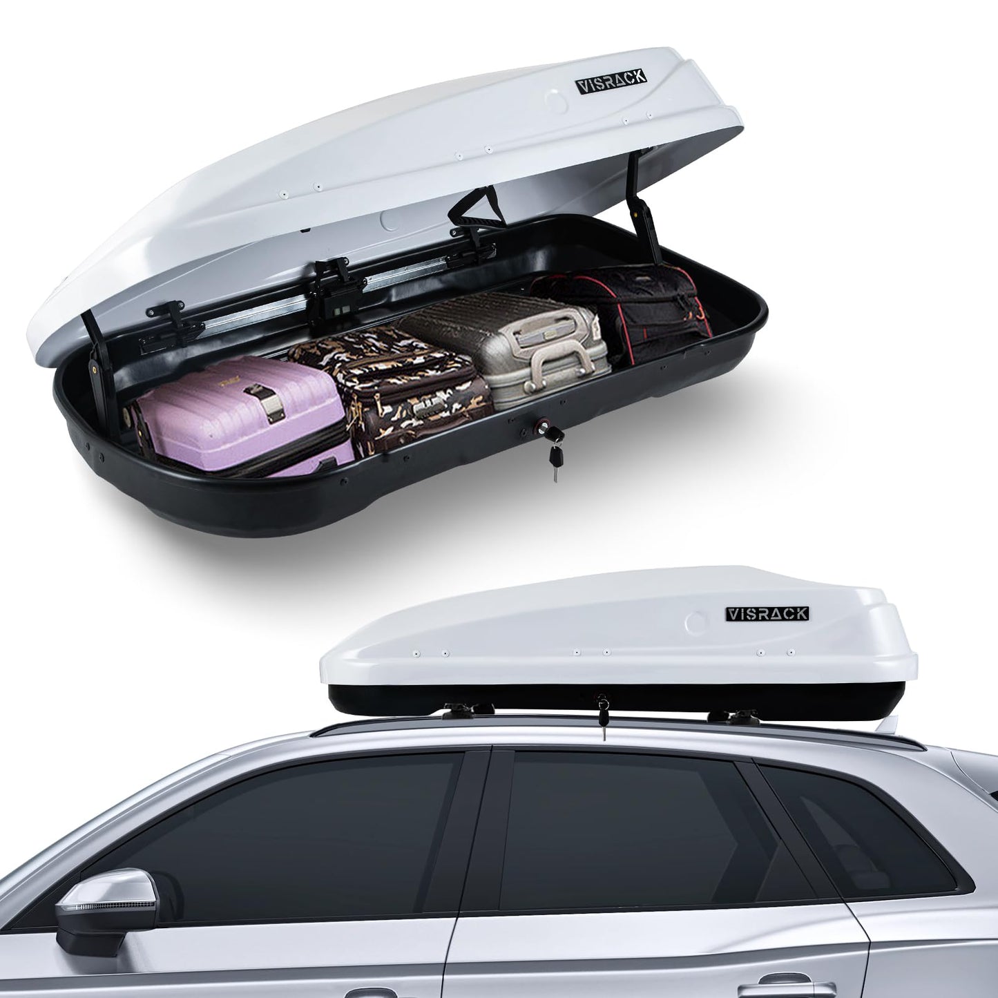 Hard Shell Roof Cargo Carrier, 13 Cubic Feet Storage, Durable ABS and PMMA Material, White Roof Box with Security Keys, Tool-Free Installation, Double-Sided Opening, 56" L x 30" W x 13.7" H