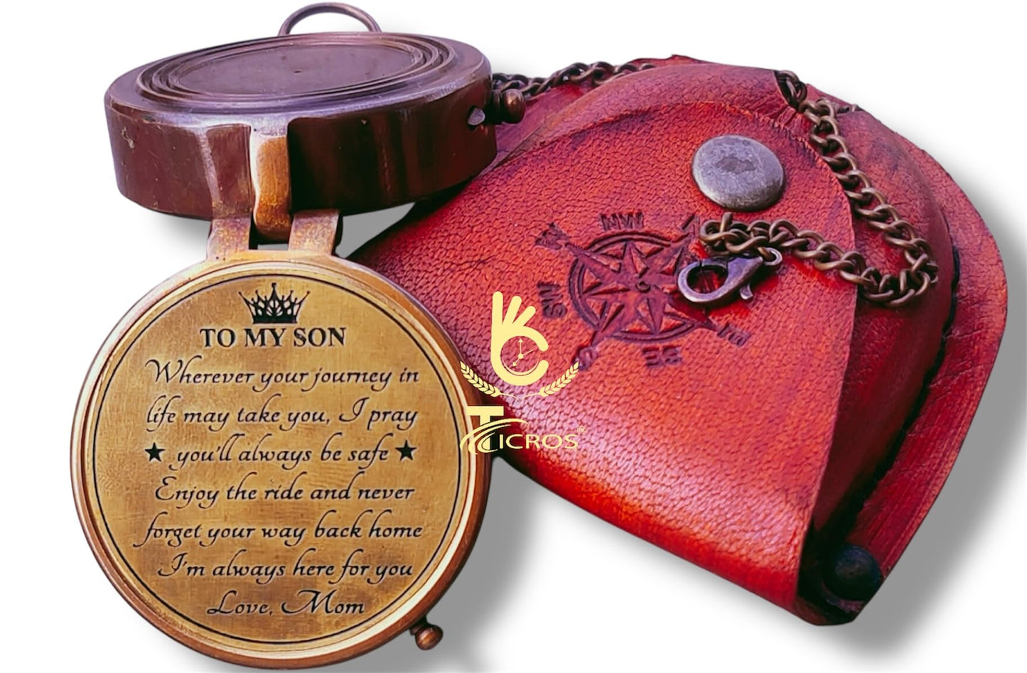 ''to My Son'' Love Mom to Son – Vintage Brass Pocket Compass with Leather Case, Gift for Son, Mom to Son Gift, Graduation Gift, Guidance Gift, Special Son Gift, Birthday Gift