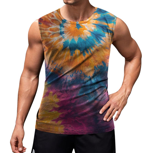 Tank Top Under Shirt for Men Moisture Wicking Skin-Friendly Swim Tank Top Men Plus Size Fashionable Beachwear Summer Sleeveless Retro Crewneck Shirt Tie-Dye,S