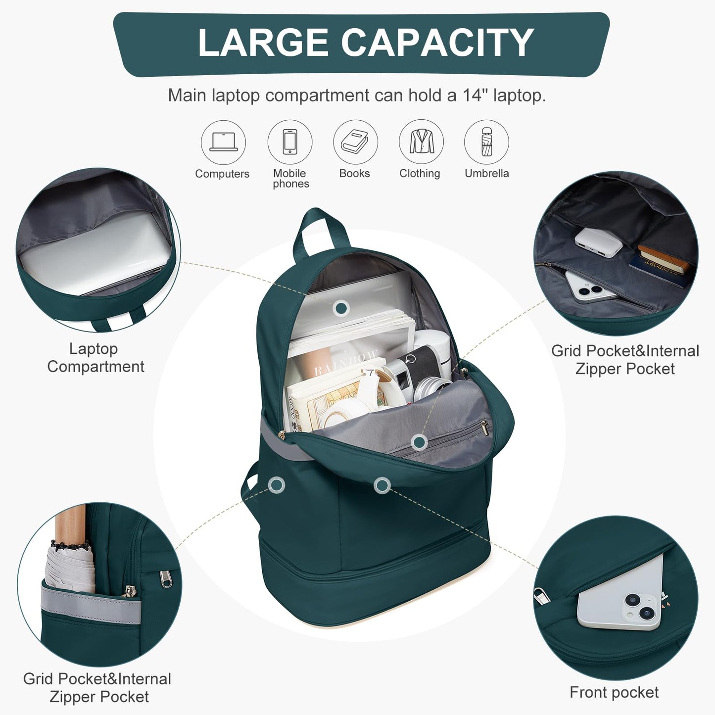 coofay Gym Backpack For Women Men Dance Sports Backpack With Shoe Compartment Waterproof Travel Backpacks Gym Bag Peacock Blue