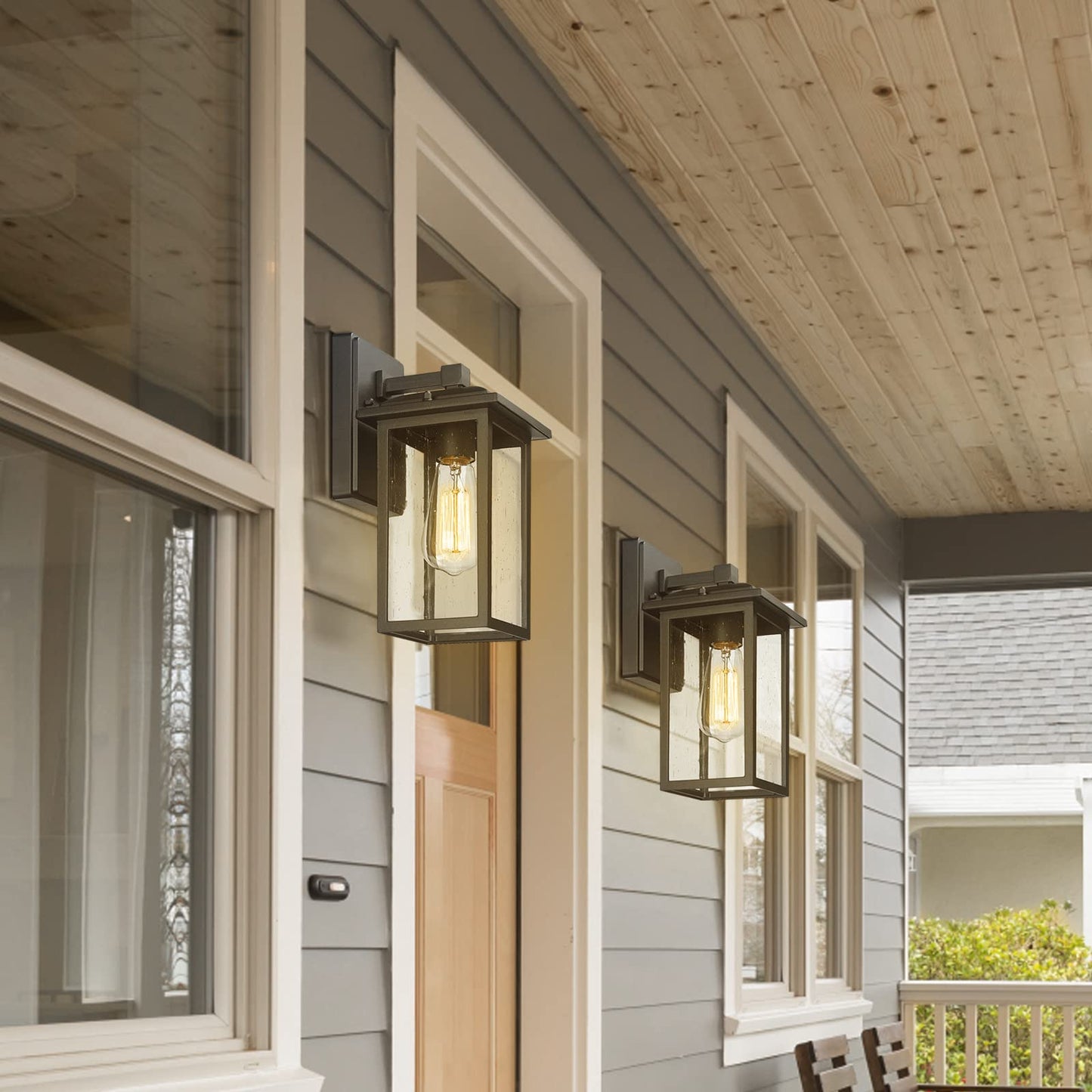 Diyel Outdoor Wall Sconces 2 Pack, Exterior Light Lantern Fixtures, Porch Light Lamps Outdoor Wall Mounted in Black Finish with Seeded Glass for House, Garage, Patio, Yard, Garden