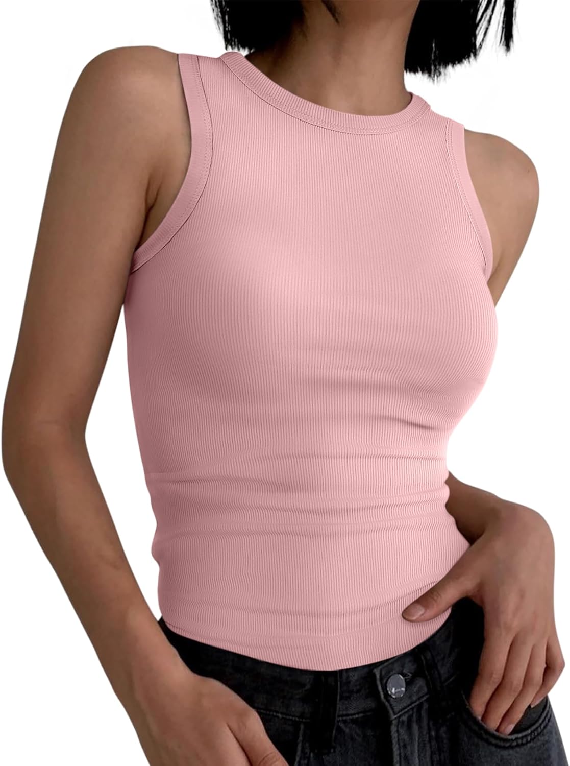 ANRABESS Women's Slim Fit Sleeveless High Neck Tank Top - Casual Summer Ribbed Shirt