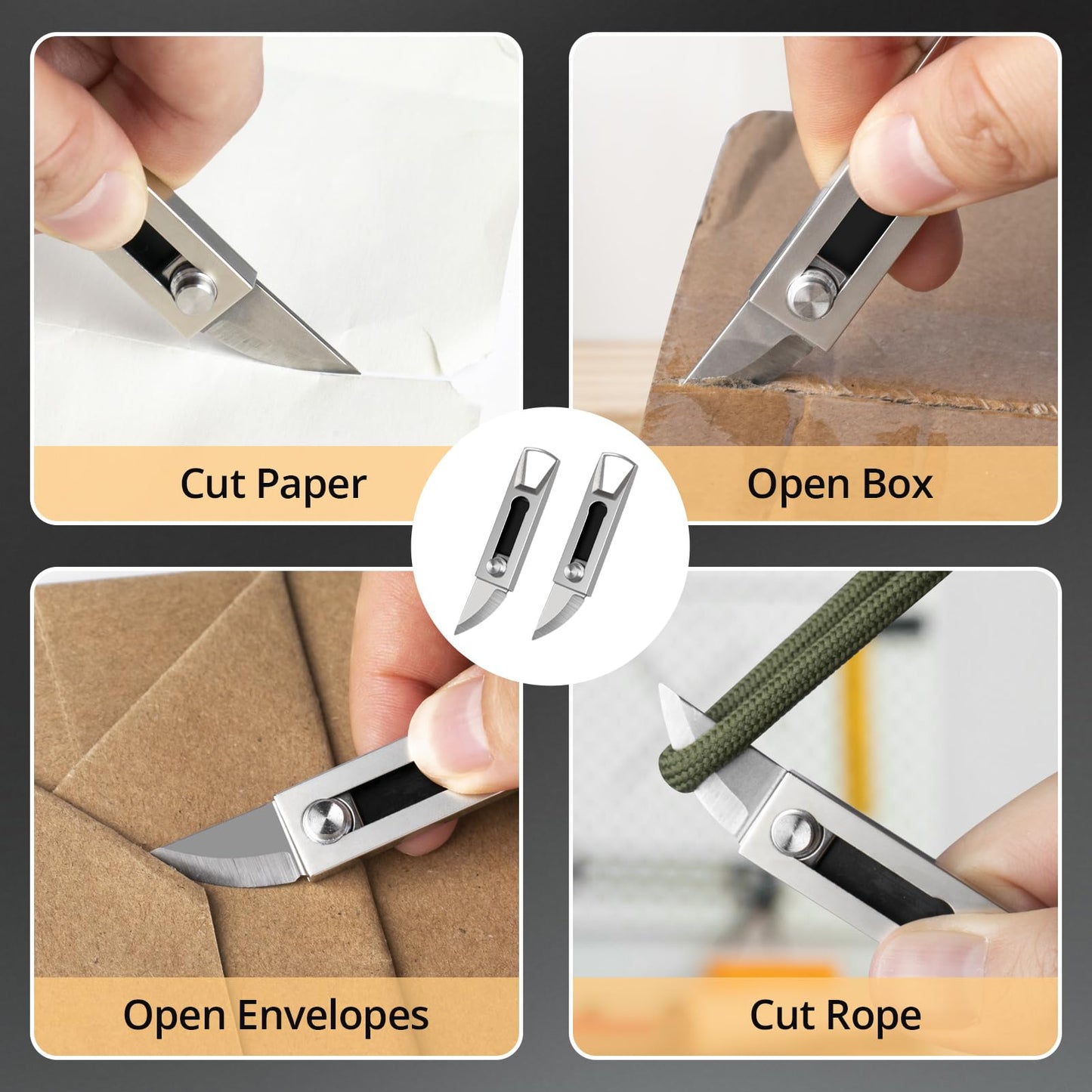 KAMBOLLY Small Keychain Knife, 2pcs Mini Keychain Box Cutter, Tiny Pocket Knives with Stainless Steel Blade, EDC Package Opener Safety Lock, Little Cutting Tool for Open Box, Cool Gadgets for Women Men