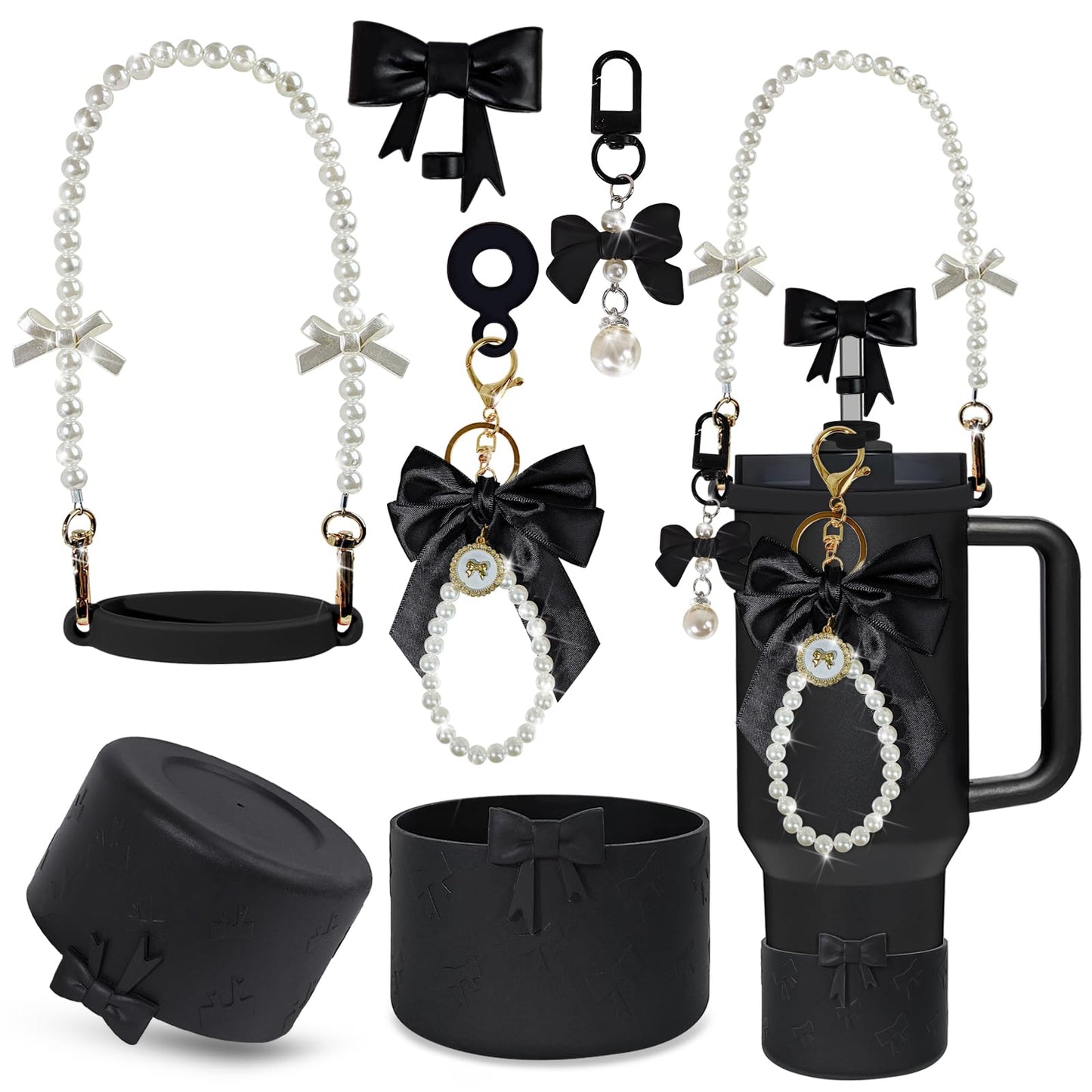 VirgoCCY Black Bow Stanley Cup Accessories Set Including Siliocne Straw Cover, Siliocne Boot, Water Bottle Handle Strap, Charms for Stanley Cup 40oz 30oz Tumbler with Handle, Black