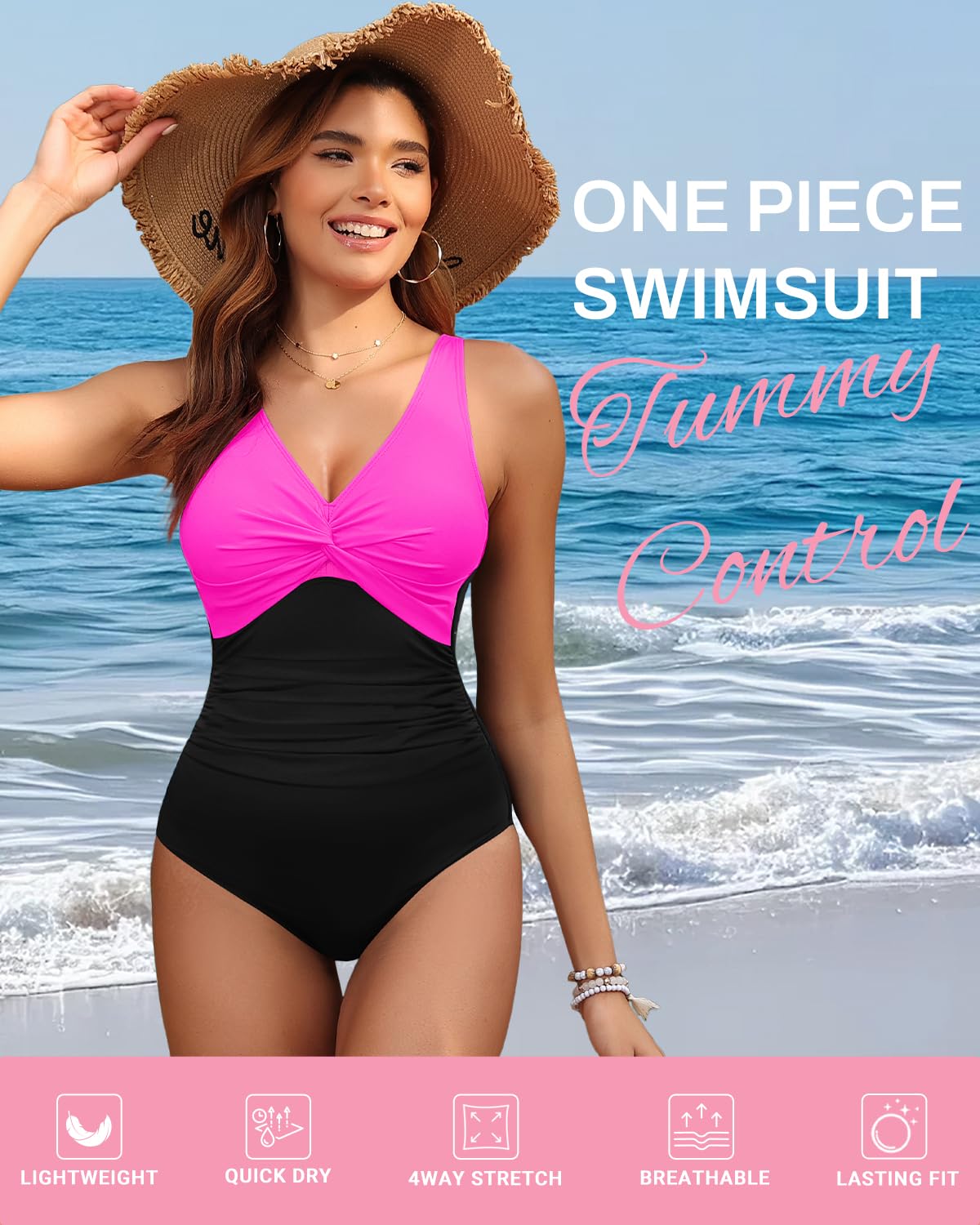 Holipick Hot Pink Black Women Tummy Control One Piece Swimsuit - Push Up Bathing Suit Full Coverage Slimming Swimwear L