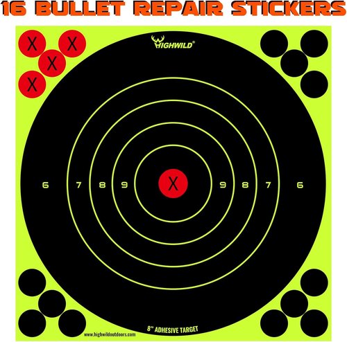 Highwild Bullseye Fluorescent Yellow Shooting Target Stickers - 8X8 Inch for Handguns, Rifles & More