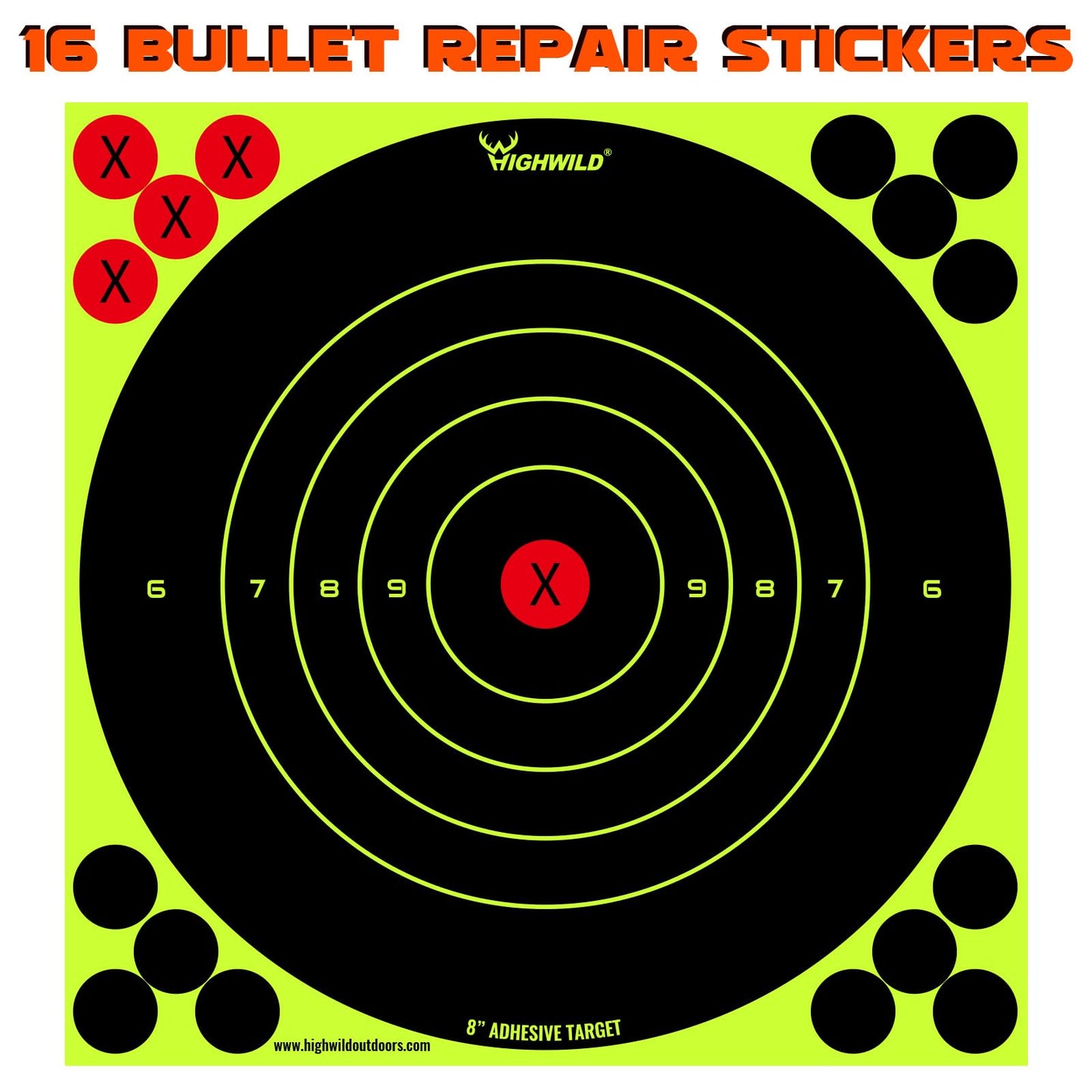 Highwild Stick Splatter Adhesive Bullseye Bright Fluorescent Yellow Shooting Targets - 8x8 Inch (50 Pack)