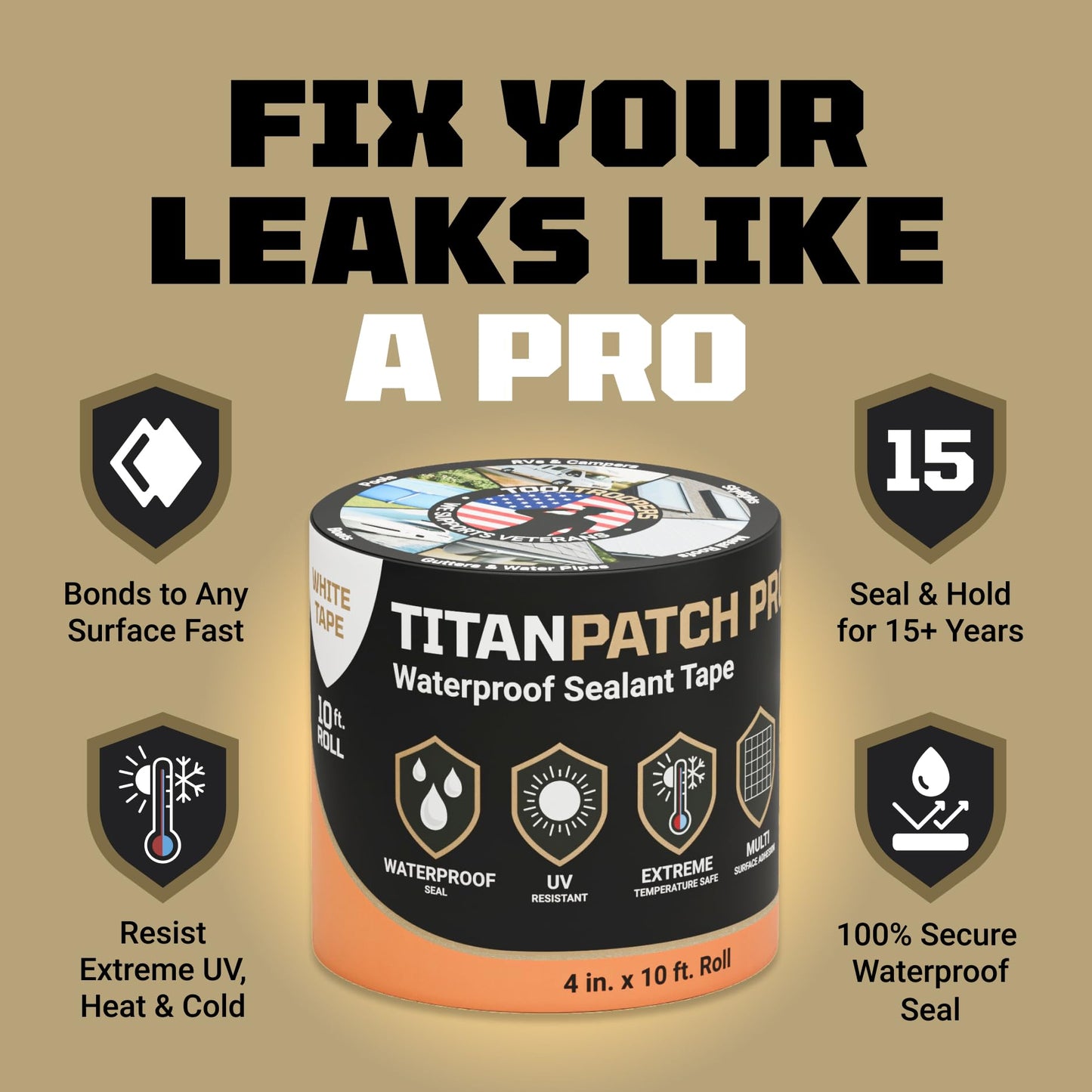 TITANPATCH PRO Waterproof Sealant Tape – White 4" x10' – Stops Leaks Fast & Stays Sealed for 15+ Years – Sticks to RVs, Roofs, Pools, Boats, Gutters – Built for Harsh Weather (-40°F to 190°F)