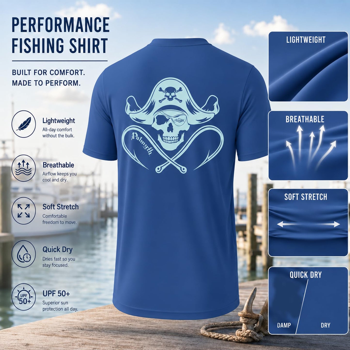Palmyth Men's Fishing Shirt Short Sleeve T-Shirt Sun Protection UV UPF 50+ Tee Navy Skull Pirate Large