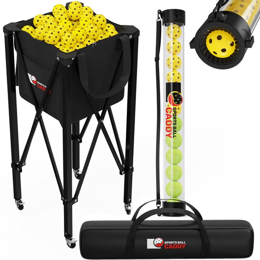 [2-in-1 Set] Tennis & Pickleball Hopper with Pickup Tube – Pickleball Caddy with Collapsible Metal Frame Ball Basket and Wheels & Carry Case – 120 Tennis Balls or 100 Pickleball Ball Holder (Pin)